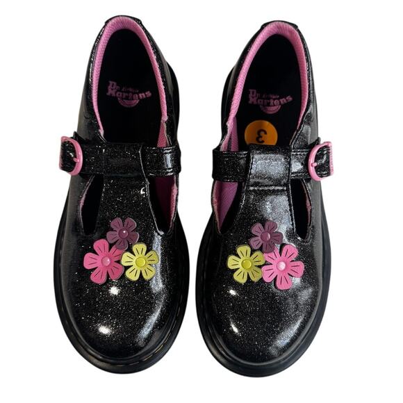 Dr. Martens Kids Polley Mary Jane Black Glitter Floral Size 3 New Without Box - Picture 3 of 5